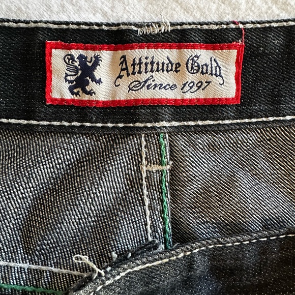 ATTITUDE GOLD MEN’S JEANS GREEN STICH Y2K PNTS SZ 44/32 - Picture 16 of 16